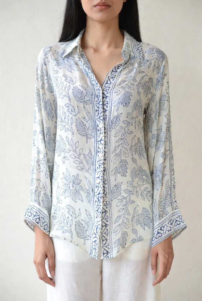 Block print button down shirt
