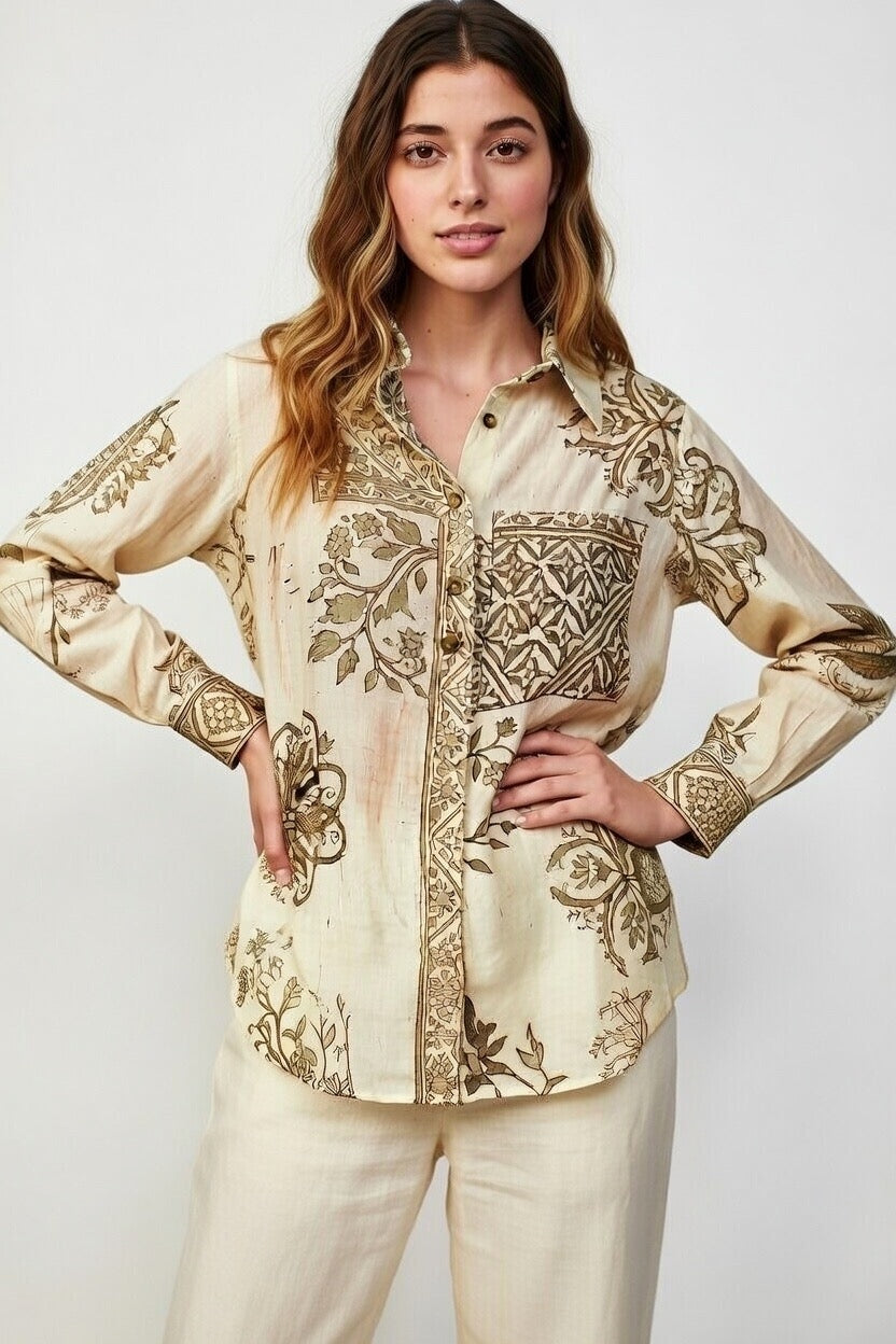Beige Block Printed Button Down Shirt