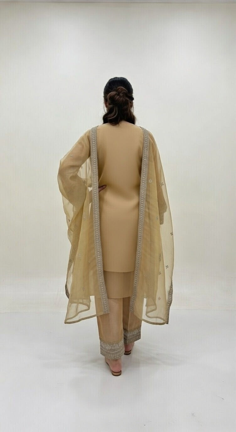 Golden Grace – 3 Piece Embroidered Organza Suit