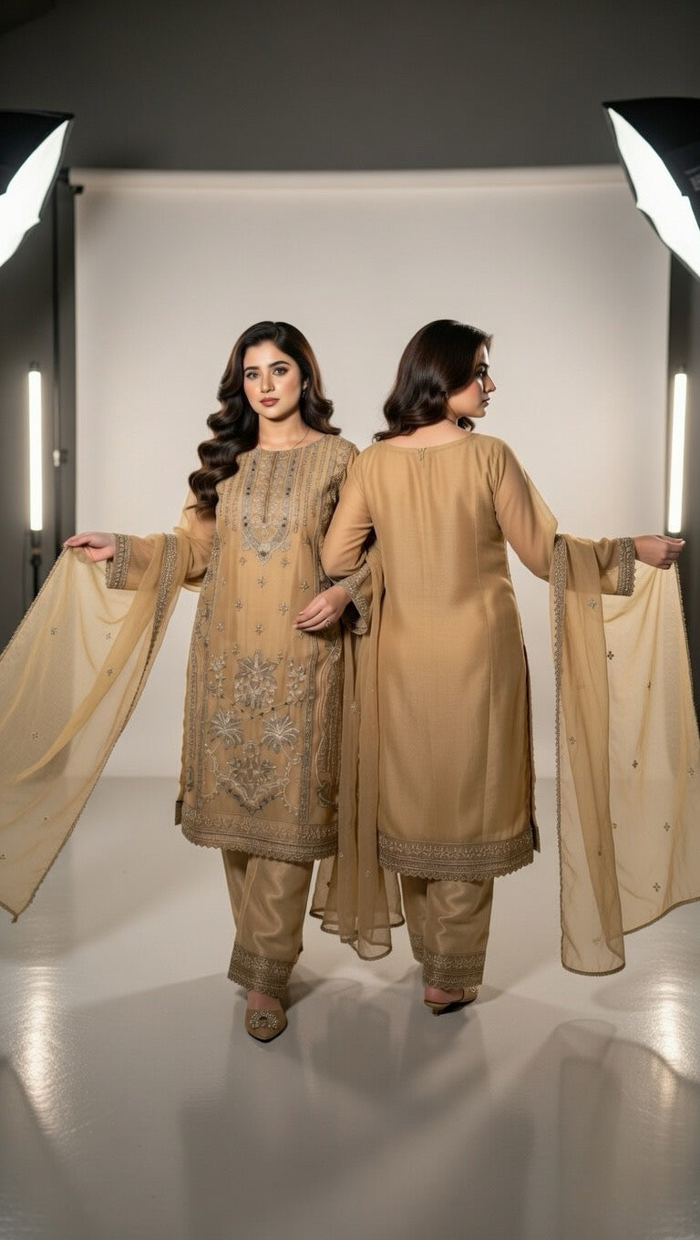 Golden Grace – 3 Piece Embroidered Organza Suit