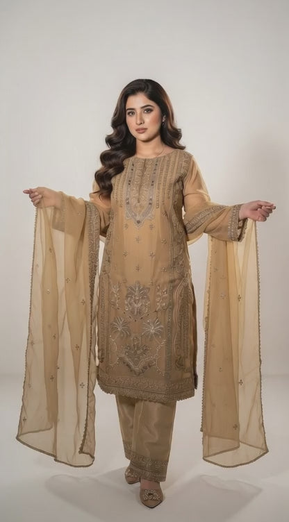 Golden Grace – 3 Piece Embroidered Organza Suit