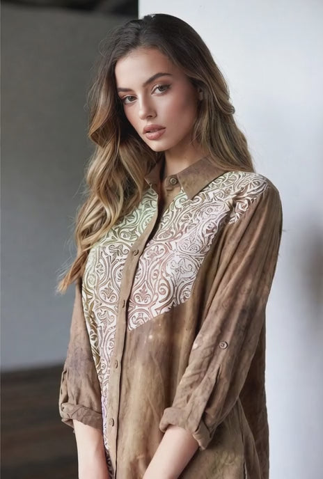 Earth-Tone Block Print Button-Down Shirt